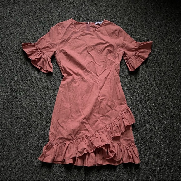 ENGLISH FACTORY Mauve Pink Ruffle Sleeve Flutter Mini A-Line High-Waist Dress S - Picture 3 of 16
